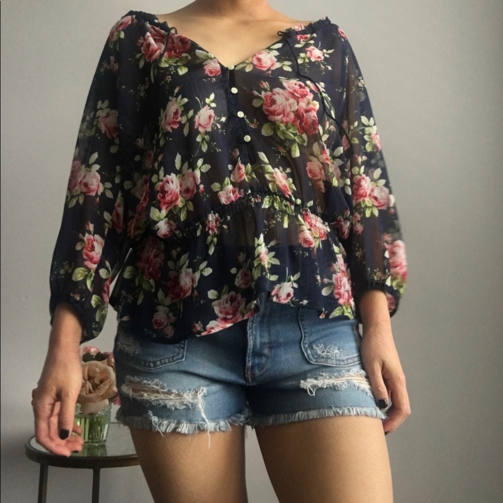 Abercrombie & Fitch Sheer Floral Peasant Blouse